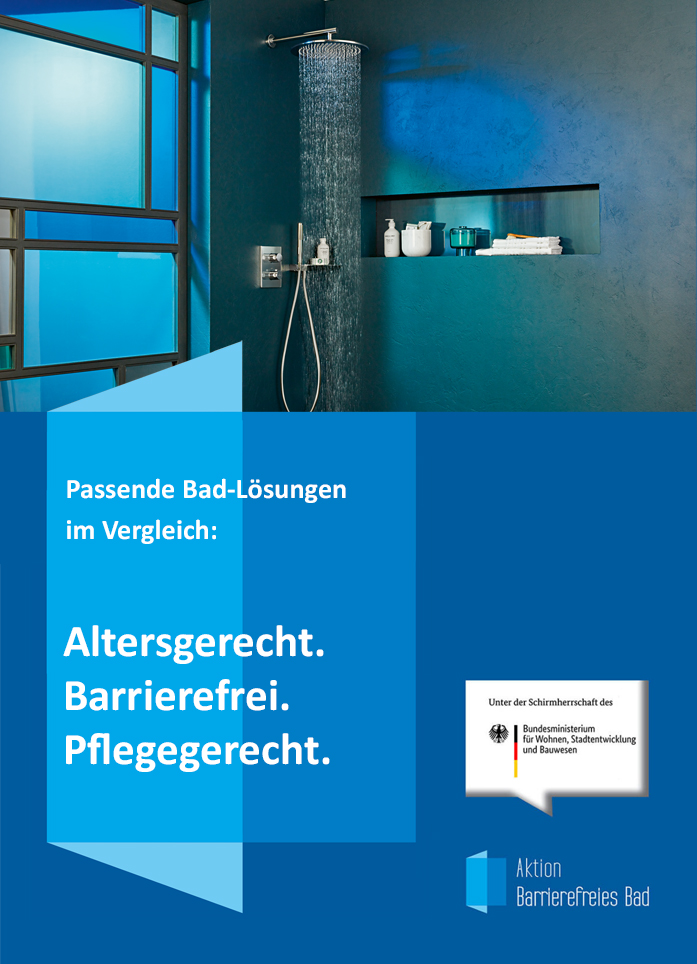 Titelbild der Broschüre "Passende Bad-Lösungen im Vergleich: Altersgerecht. Barrierefrei. Pflegegerecht."